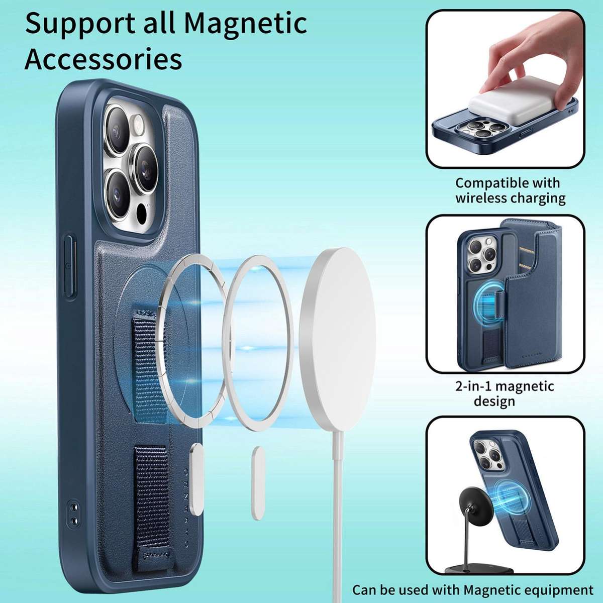 For iPhone 12 Pro Max CaseNeo Finger Grip Strap MagSafe Leather Phone Case(Blue)