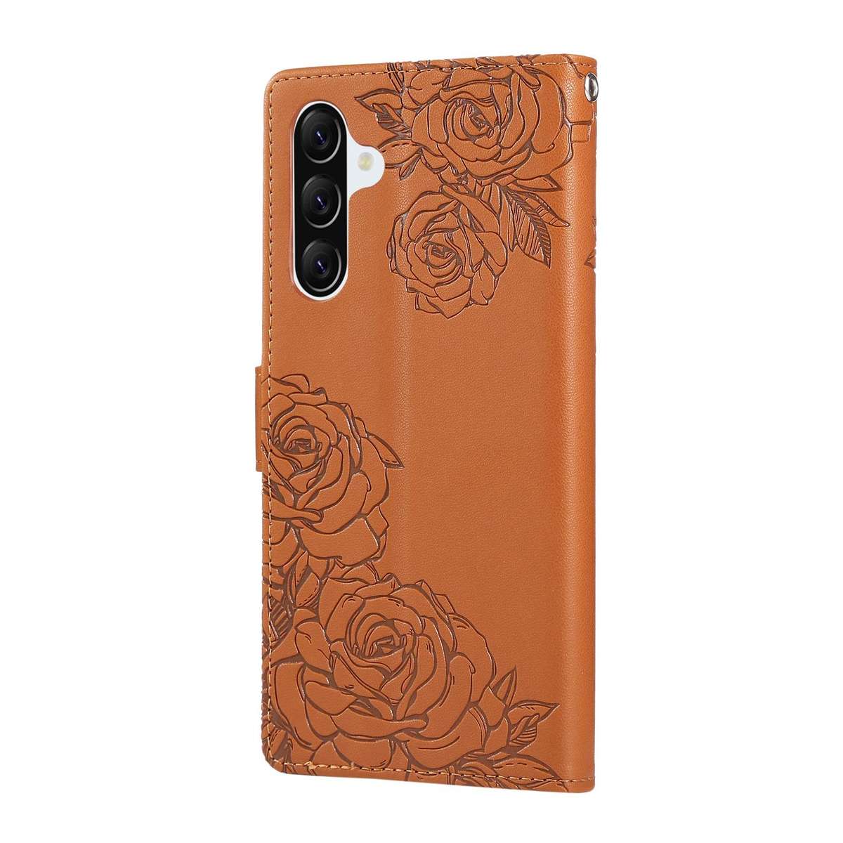 For Samsung Galaxy A57 5G Rose Flower Embossed 3-Card Slots Leather Phone Case(Brown)