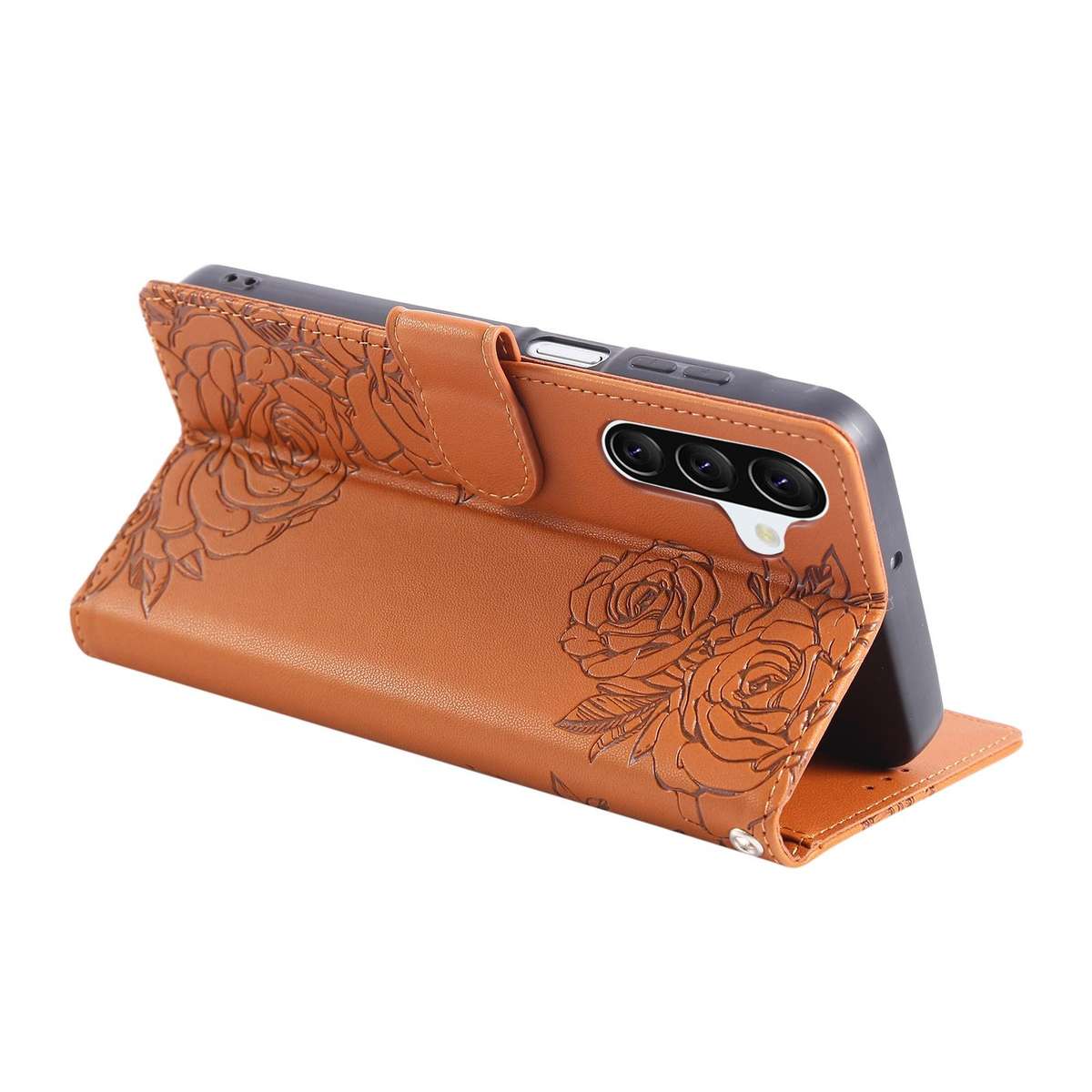 For Samsung Galaxy A57 5G Rose Flower Embossed 3-Card Slots Leather Phone Case(Brown)