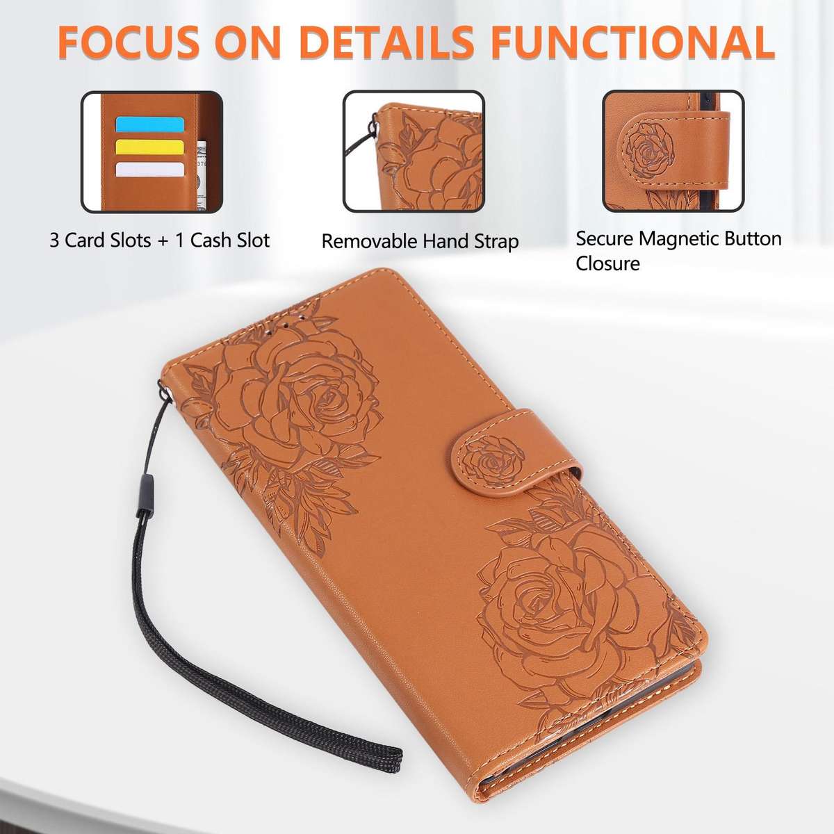 For Samsung Galaxy A57 5G Rose Flower Embossed 3-Card Slots Leather Phone Case(Brown)