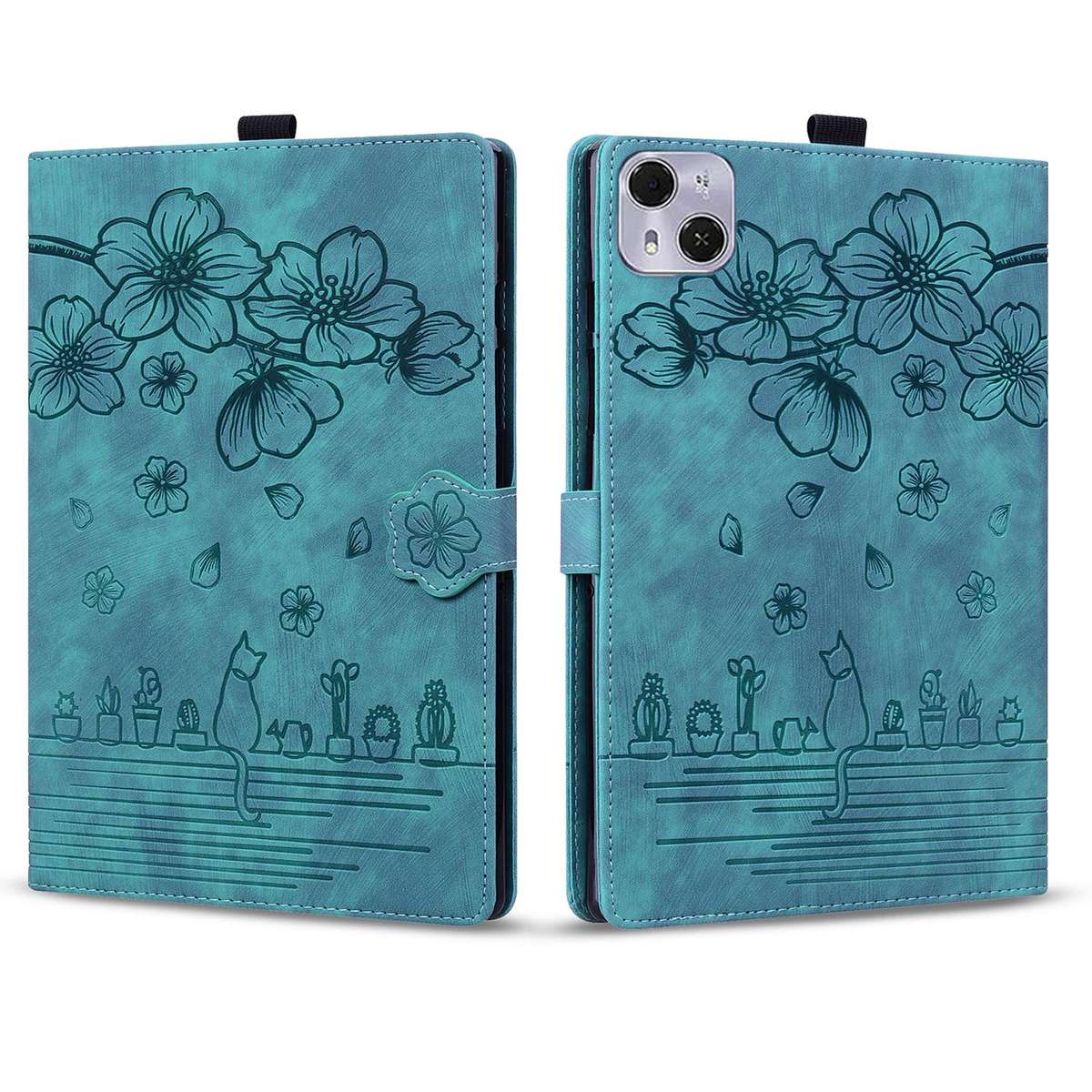 For Tecno MegaPad Pro 12 Cartoon Sakura Cat Embossed Leather Tablet Case(Green)