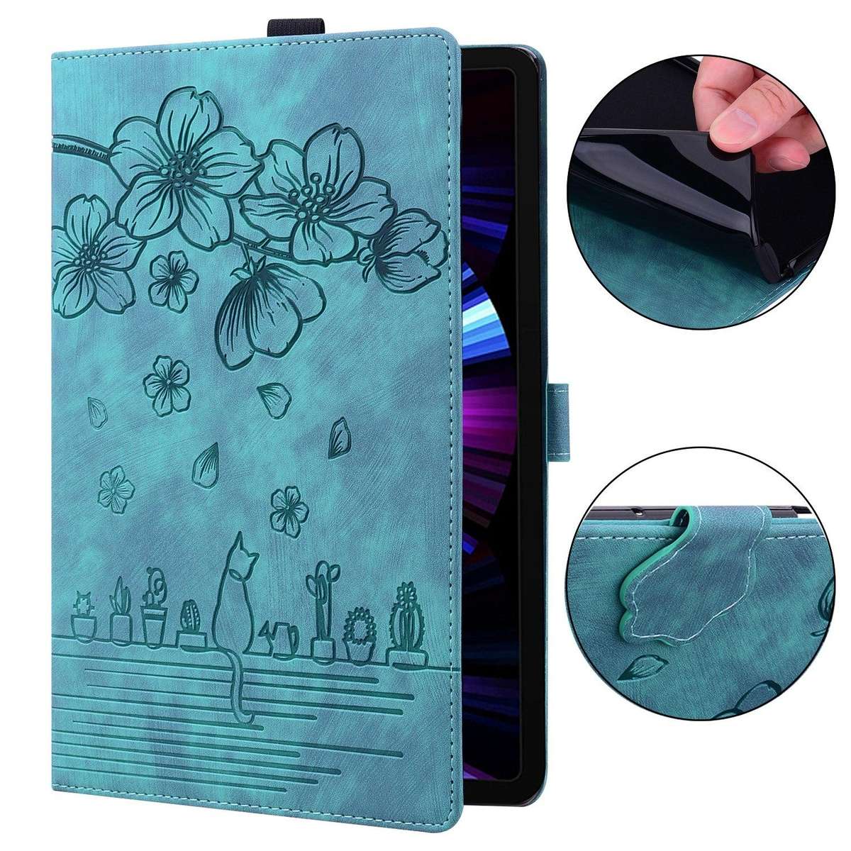 For Tecno MegaPad Pro 12 Cartoon Sakura Cat Embossed Leather Tablet Case(Green)