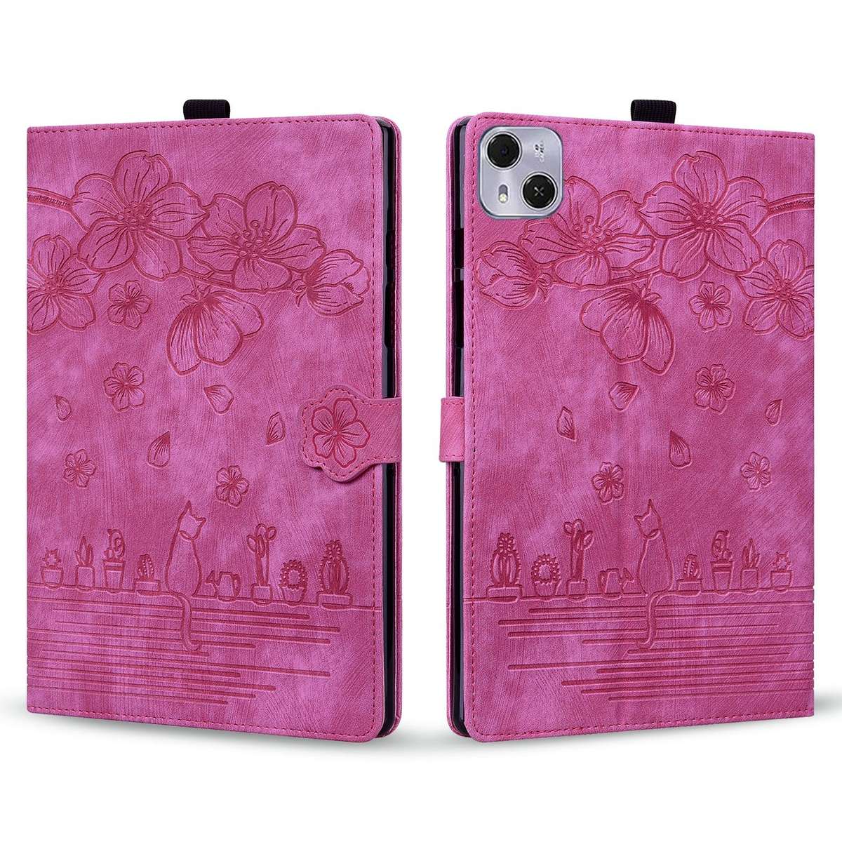 For Tecno MegaPad Pro 12 Cartoon Sakura Cat Embossed Leather Tablet Case(Rose Red)