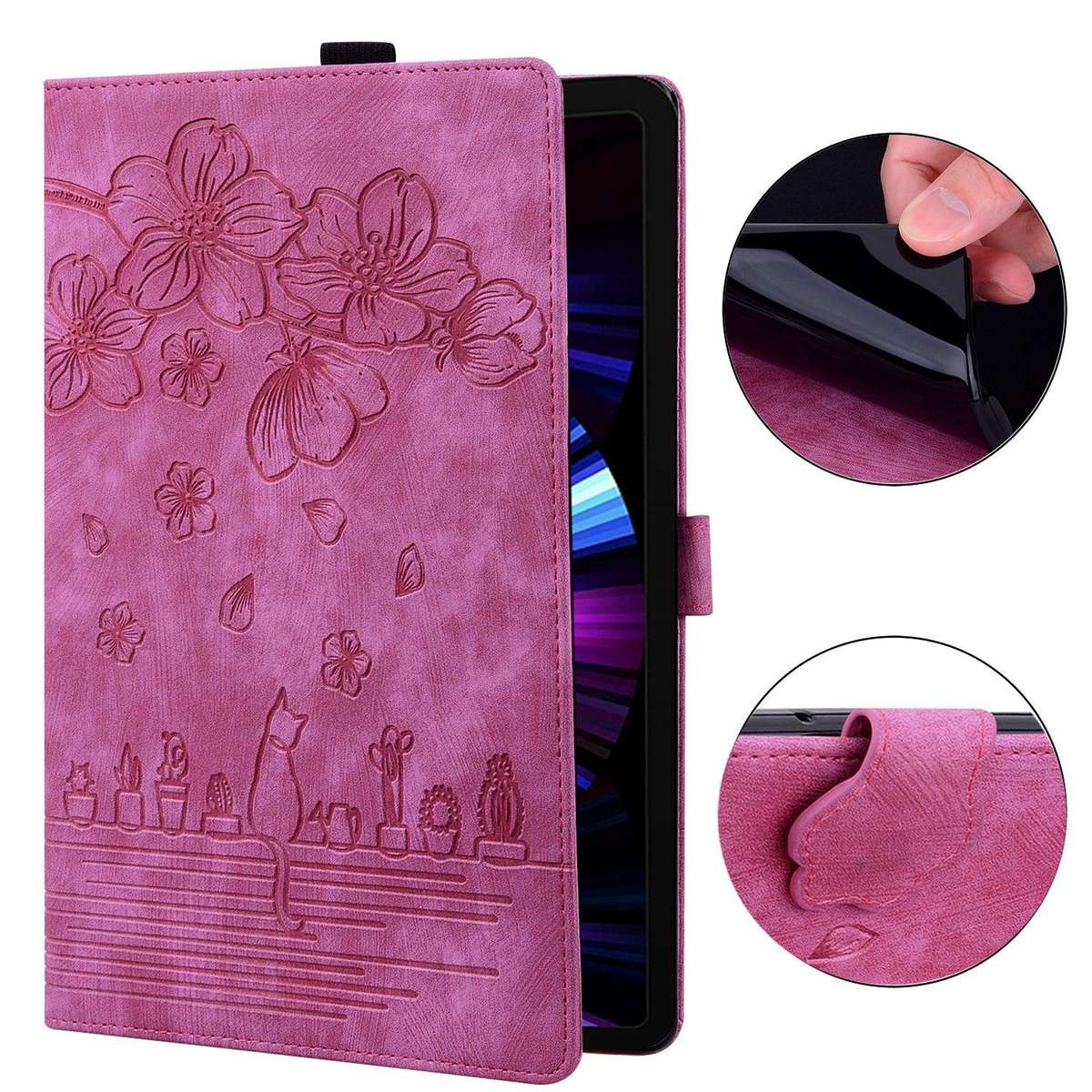 For Tecno MegaPad Pro 12 Cartoon Sakura Cat Embossed Leather Tablet Case(Rose Red)
