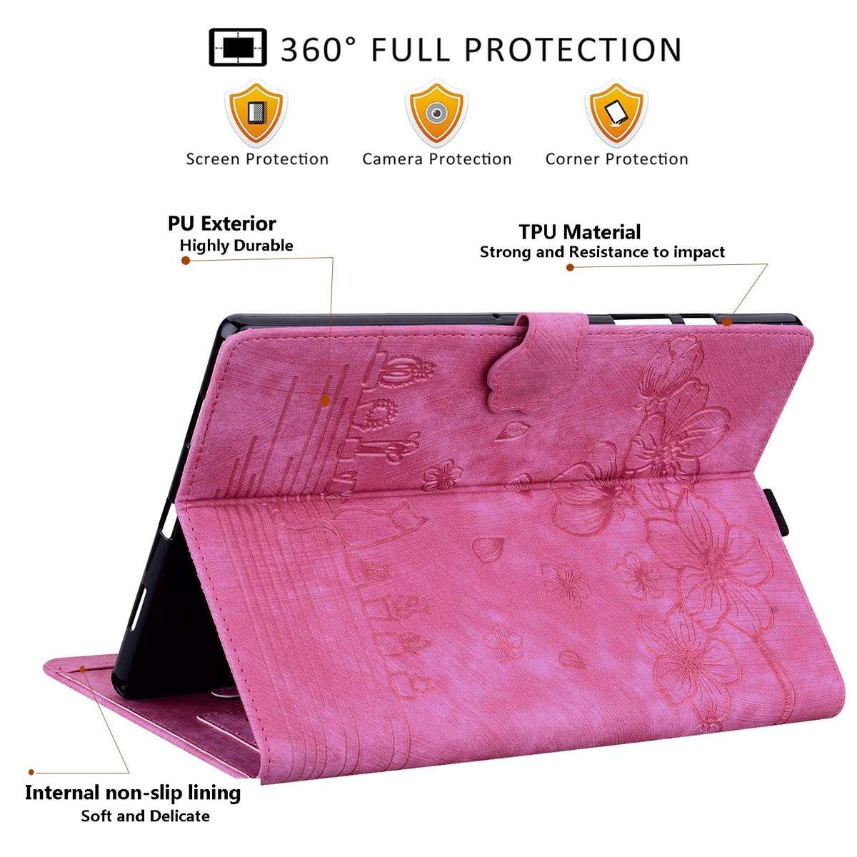 For Tecno MegaPad Pro 12 Cartoon Sakura Cat Embossed Leather Tablet Case(Rose Red)