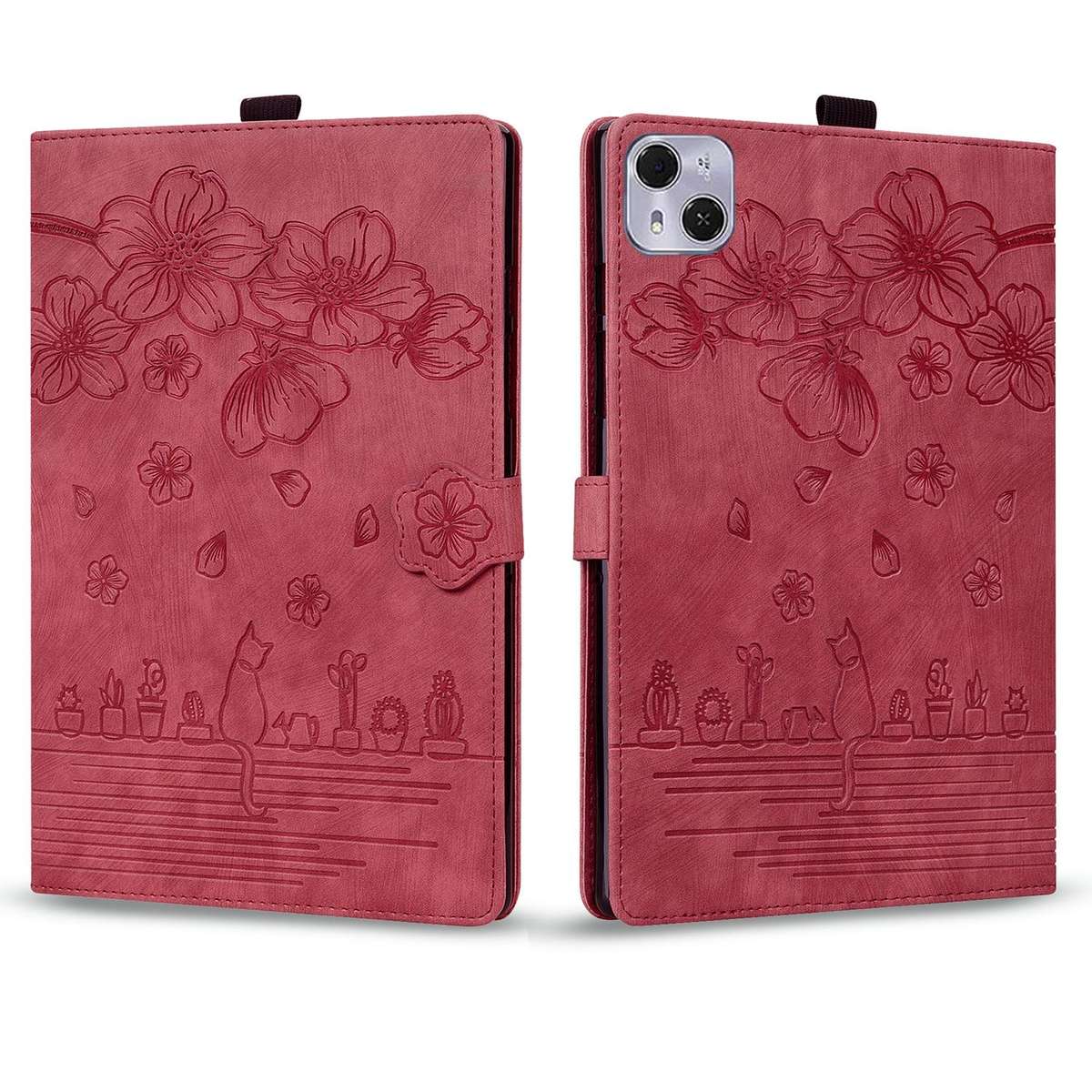 For Tecno MegaPad Pro 12 Cartoon Sakura Cat Embossed Leather Tablet Case(Red)