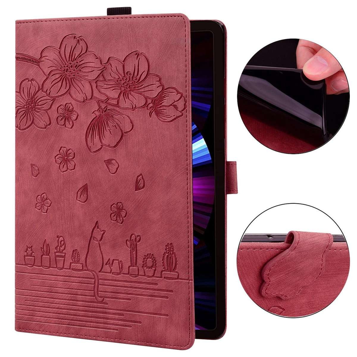 For Tecno MegaPad Pro 12 Cartoon Sakura Cat Embossed Leather Tablet Case(Red)