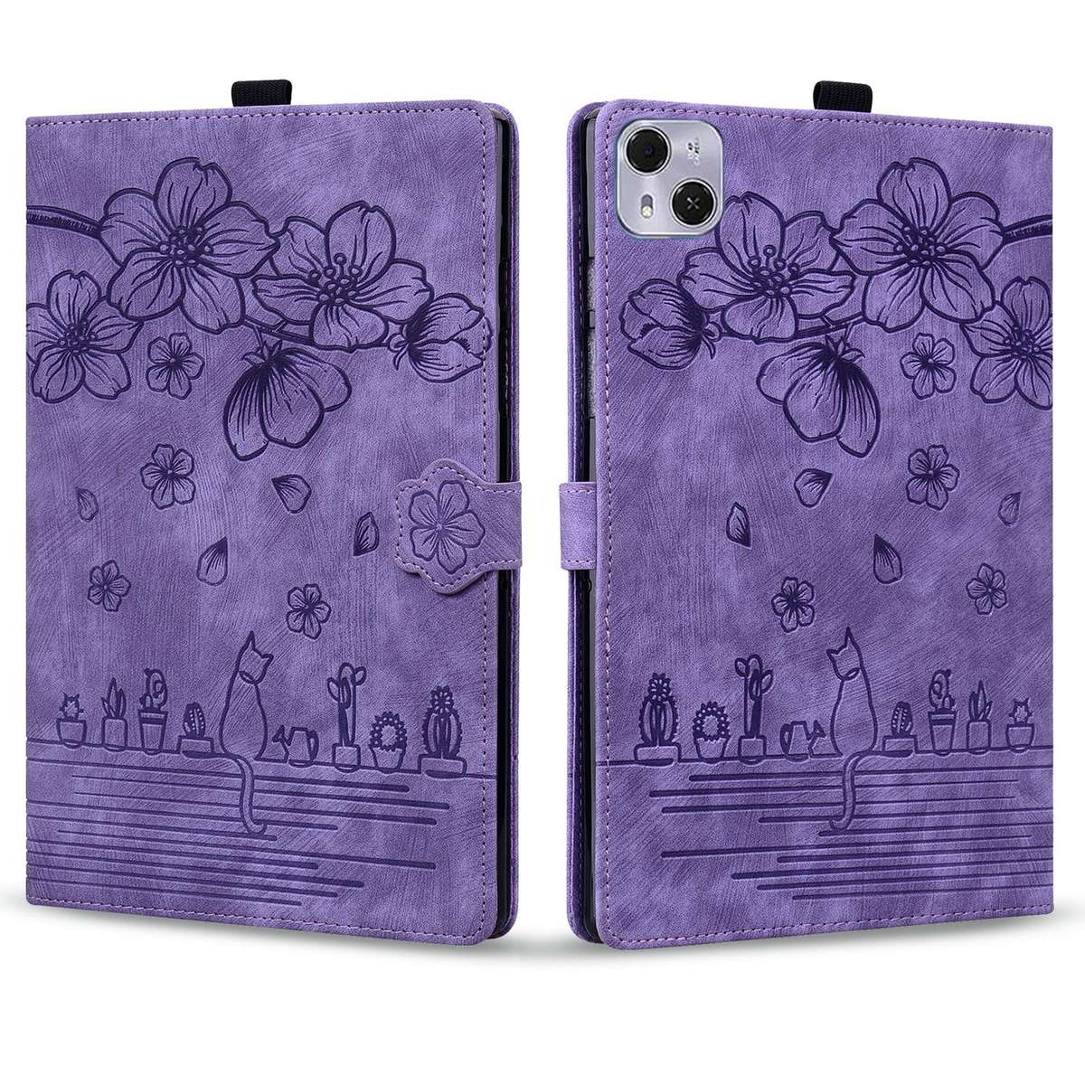 For Tecno MegaPad Pro 12 Cartoon Sakura Cat Embossed Leather Tablet Case(Purple)