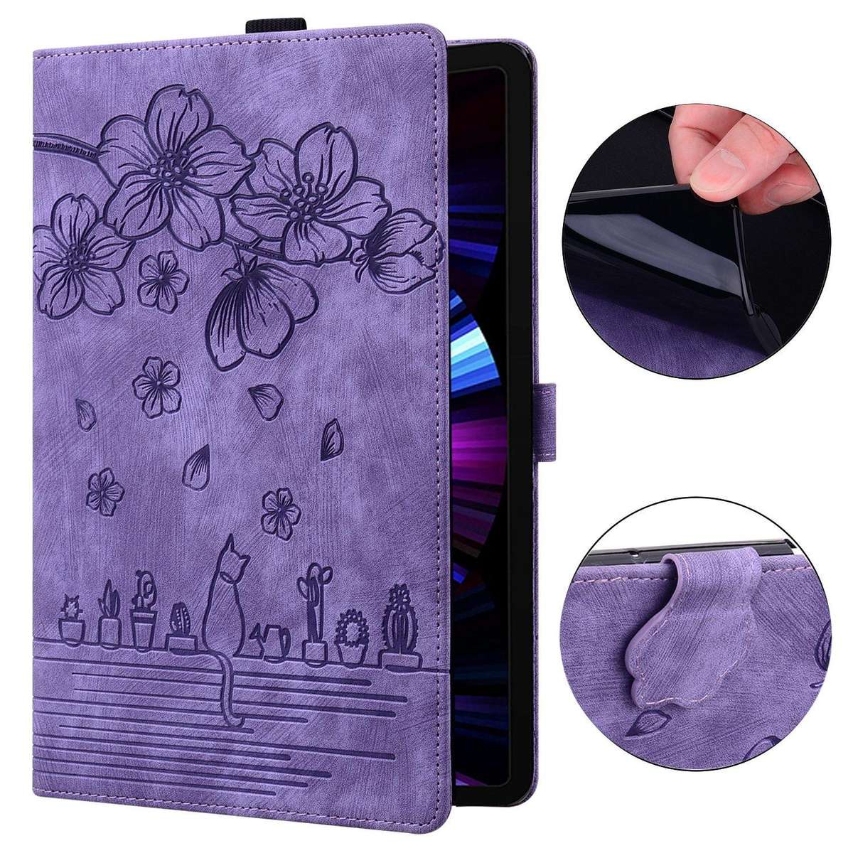 For Tecno MegaPad Pro 12 Cartoon Sakura Cat Embossed Leather Tablet Case(Purple)