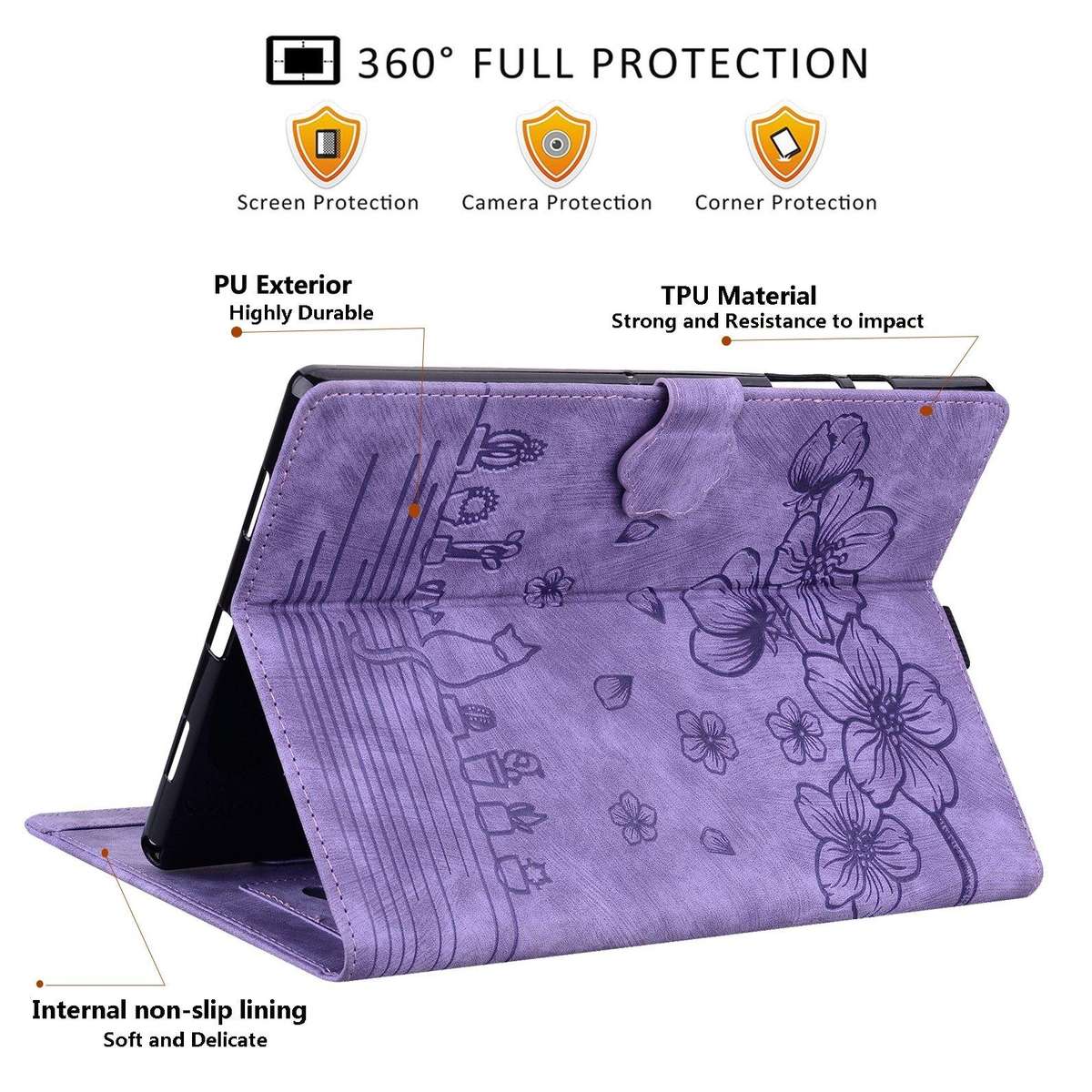 For Tecno MegaPad Pro 12 Cartoon Sakura Cat Embossed Leather Tablet Case(Purple)