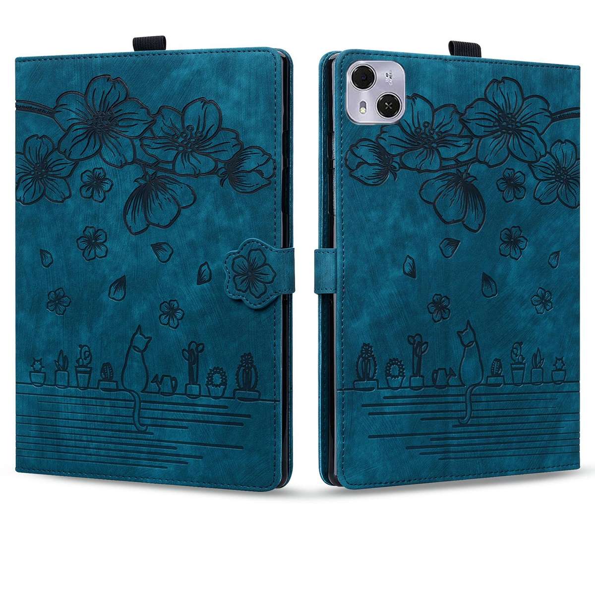 For Tecno MegaPad Pro 12 Cartoon Sakura Cat Embossed Leather Tablet Case(Blue)