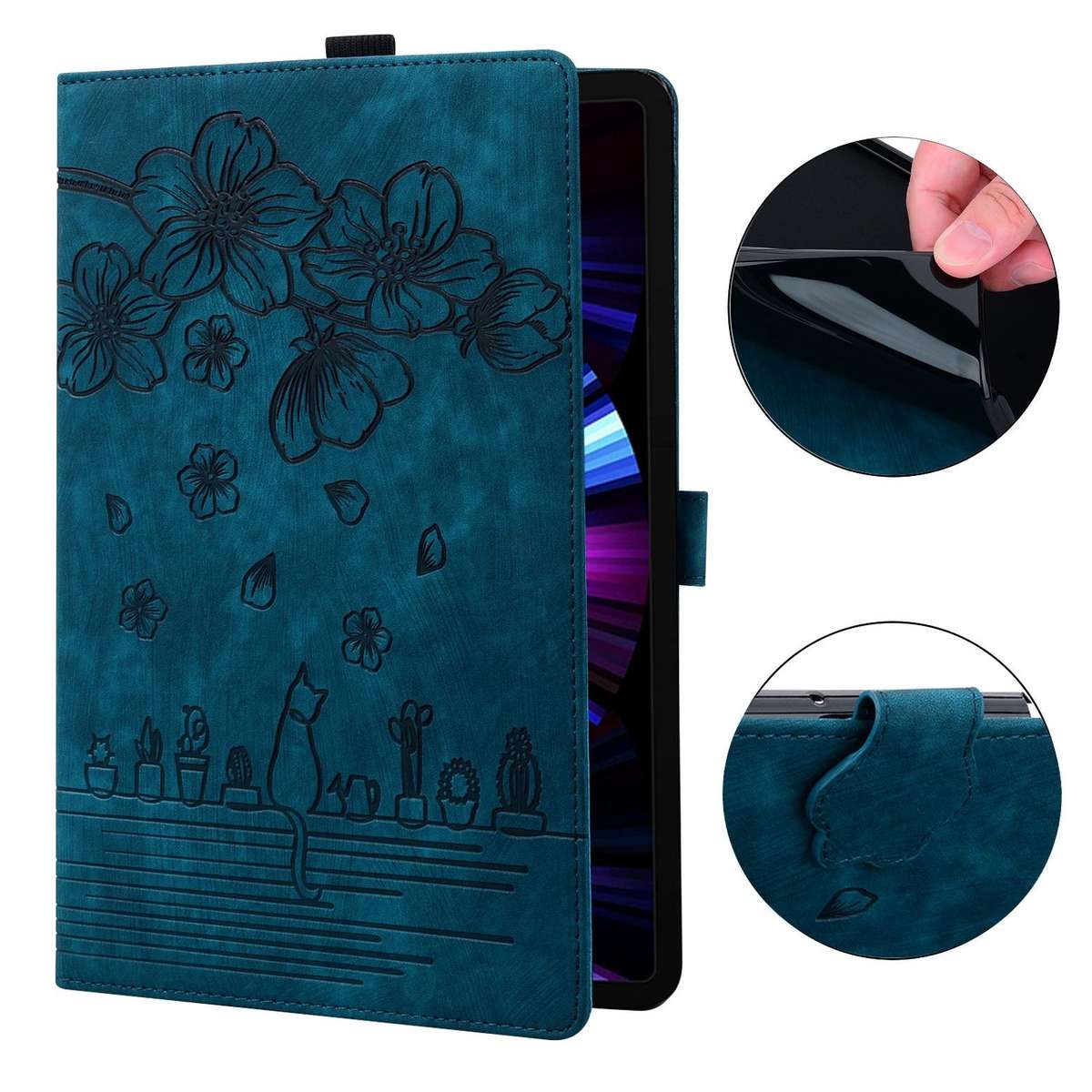 For Tecno MegaPad Pro 12 Cartoon Sakura Cat Embossed Leather Tablet Case(Blue)