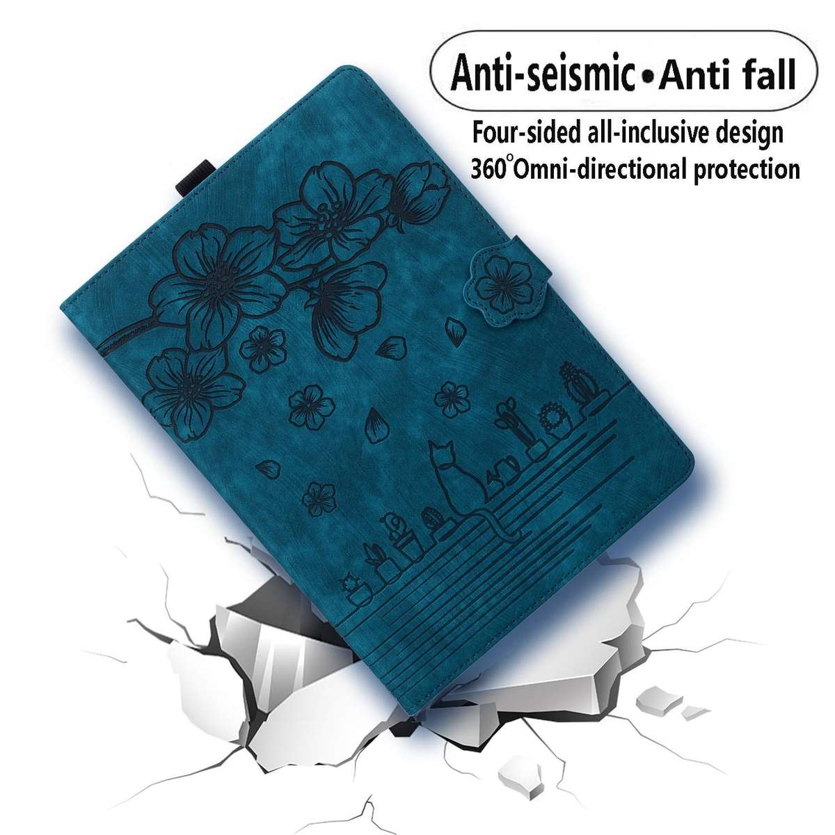 For Tecno MegaPad Pro 12 Cartoon Sakura Cat Embossed Leather Tablet Case(Blue)