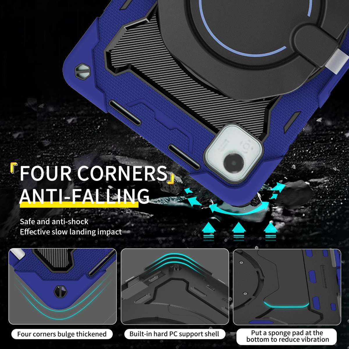For Honor Pad X9 Pro Armor Portable Rotating Ring Holder Silicone Tablet Case(Navy Blue)