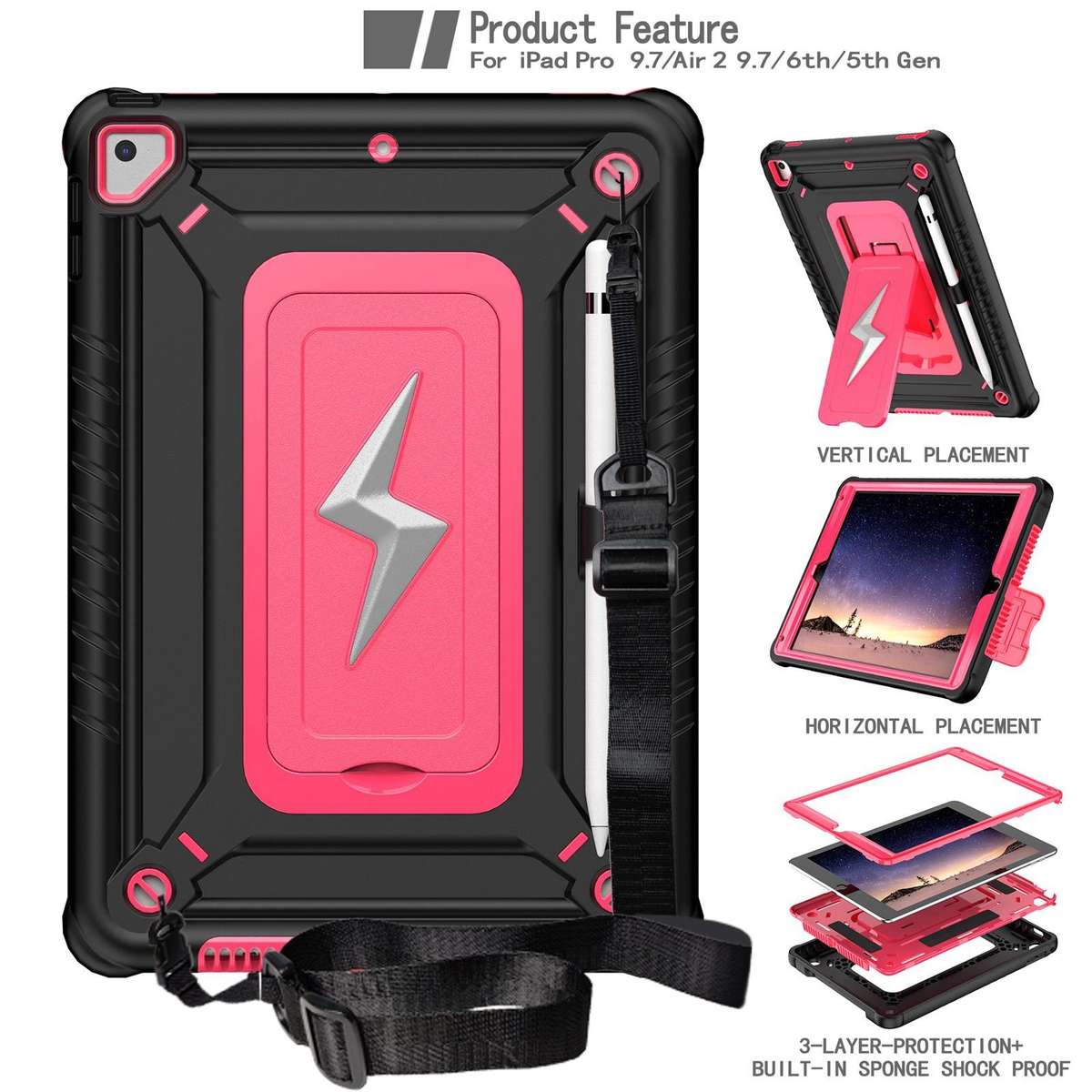 For iPad 9.7 2018 / Air / Air 2 Armor Bolt Shape Holder Silicone Hybrid PC Ta ... (Black Rose Red)