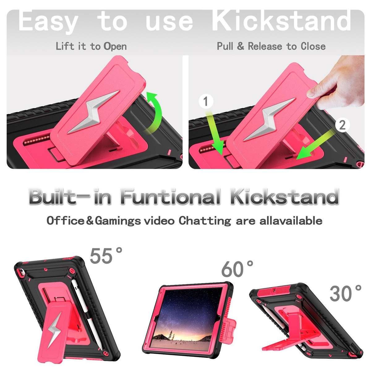 For iPad 9.7 2018 / Air / Air 2 Armor Bolt Shape Holder Silicone Hybrid PC Ta ... (Black Rose Red)