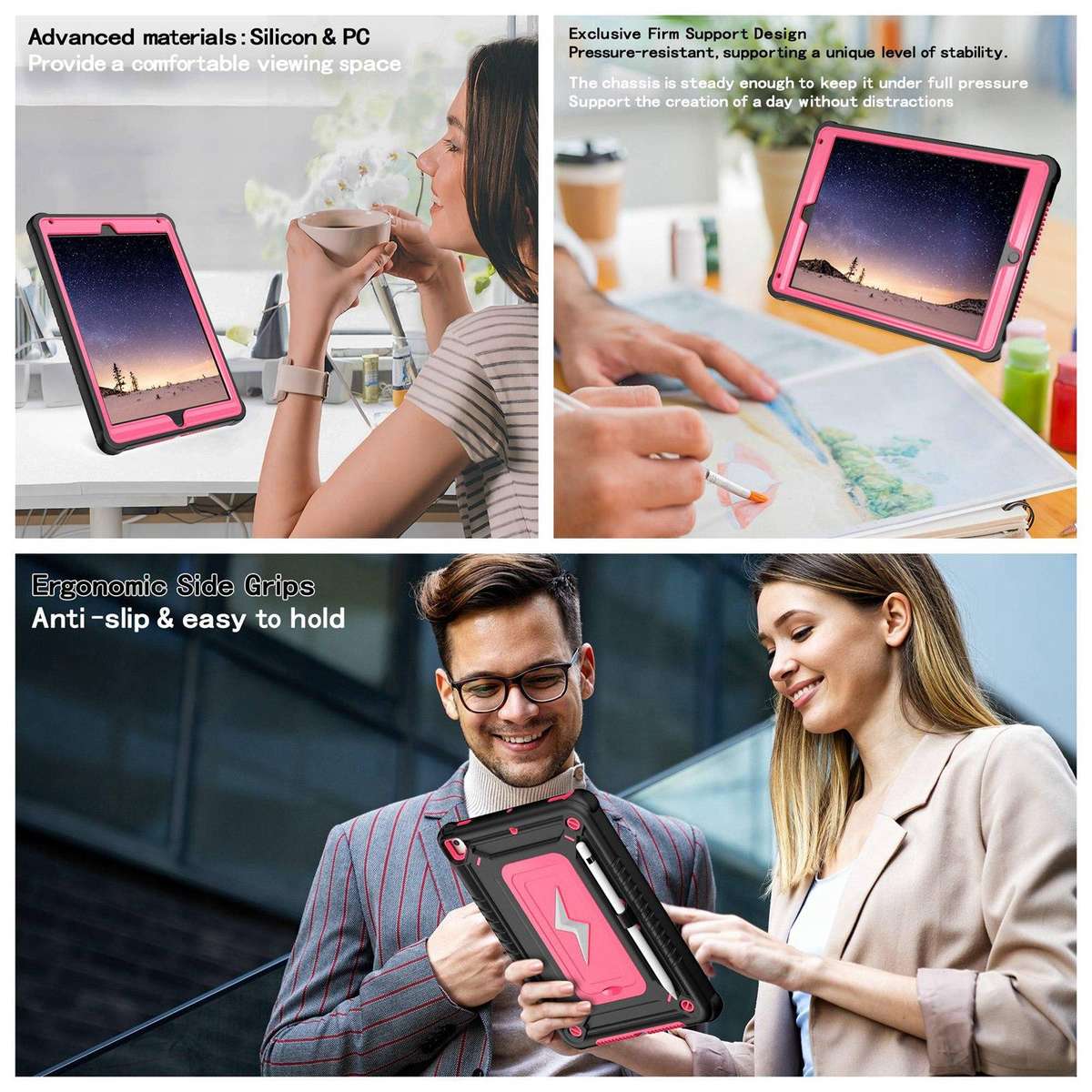 For iPad 9.7 2018 / Air / Air 2 Armor Bolt Shape Holder Silicone Hybrid PC Ta ... (Black Rose Red)