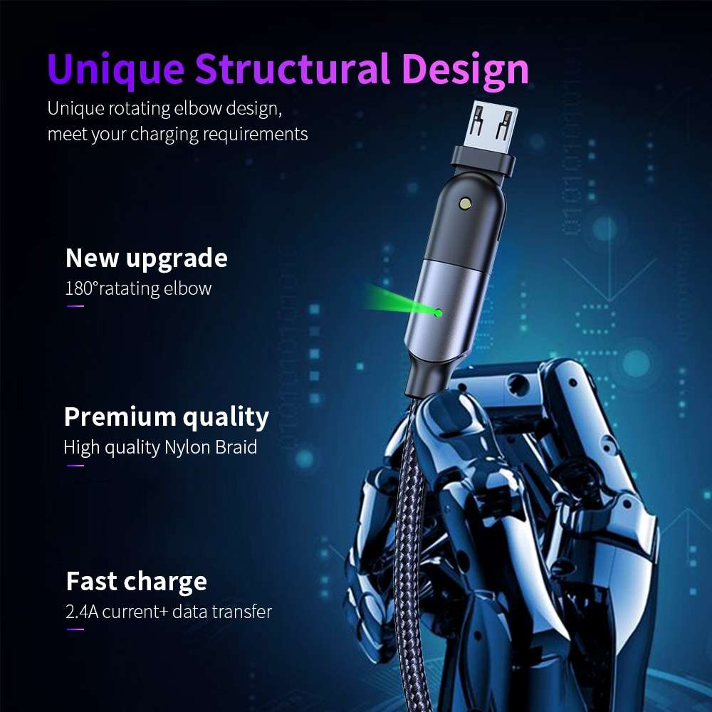 FXCM-WYA0G 2.4A USB to Micro USB 180 Degree Rotating Elbow Charging Cable, Length:2m(Grey)