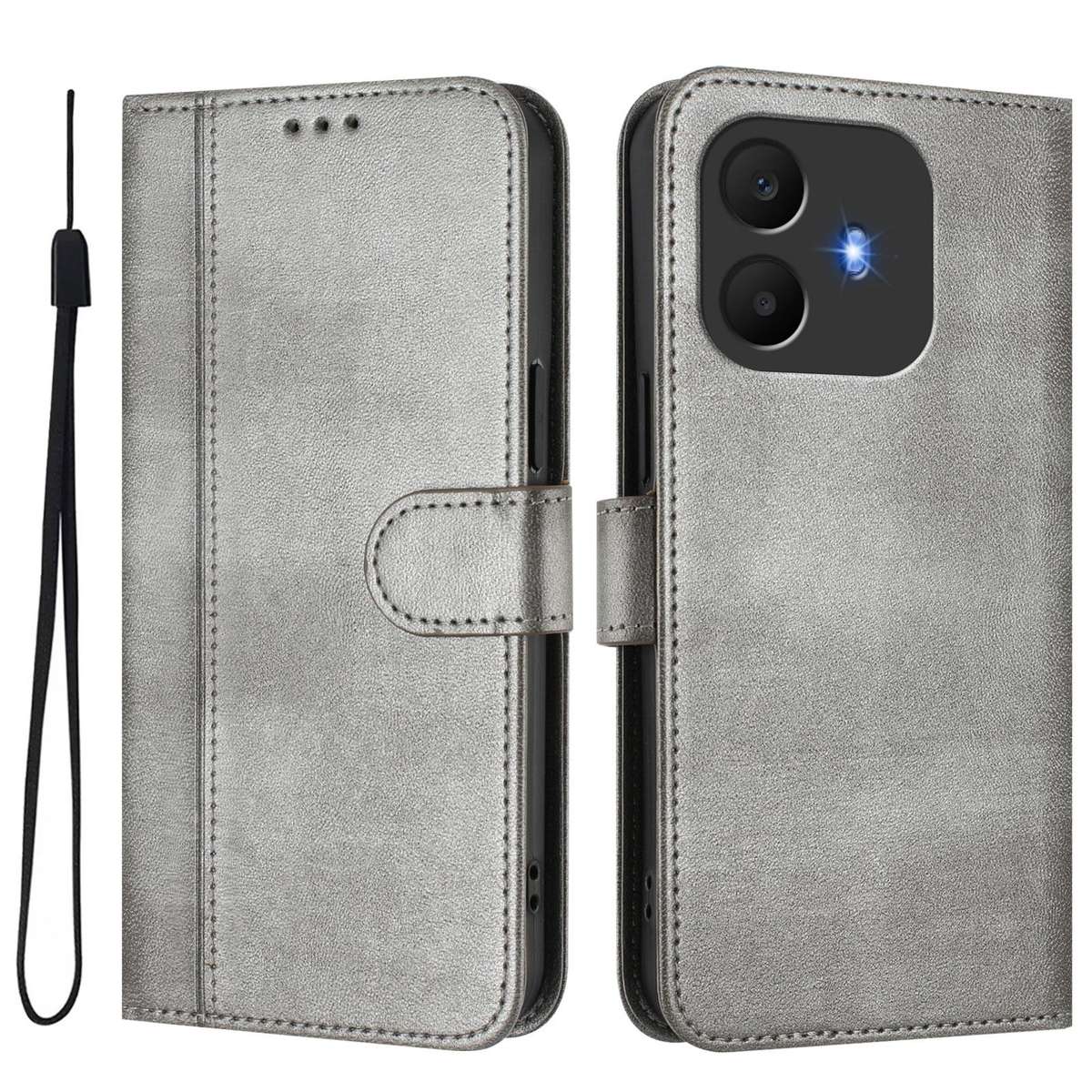 For TCL K70 Power 4G / K70 4G Line Splicing Buckle Retro Leather Phone Case(Grey)