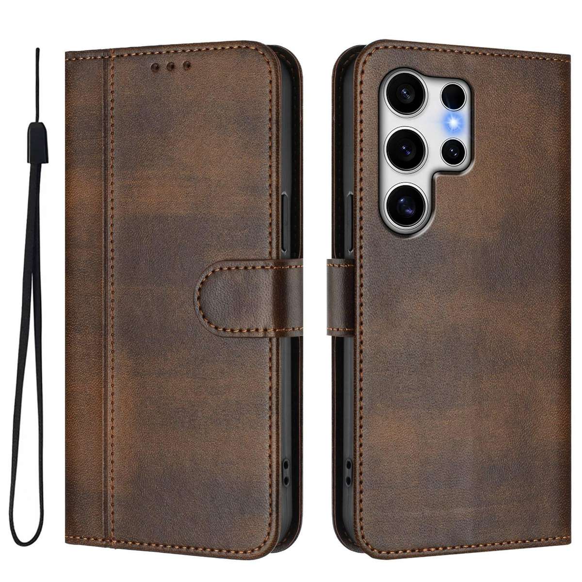 For Samsung Galaxy S25 Ultra 5G Line Splicing Buckle Retro Leather Phone Case(Brown)