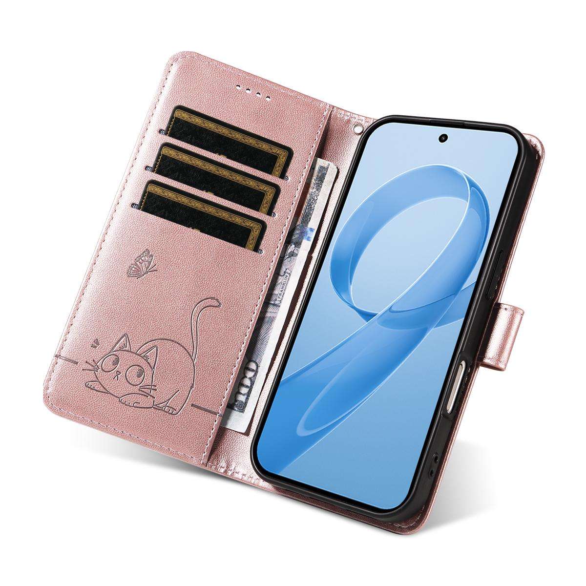 For Redmi K90 Pro Max/Poco F8 Ultra Adorable Cat Embossed Pattern Flip Leather Pho ... (Rose Gold)