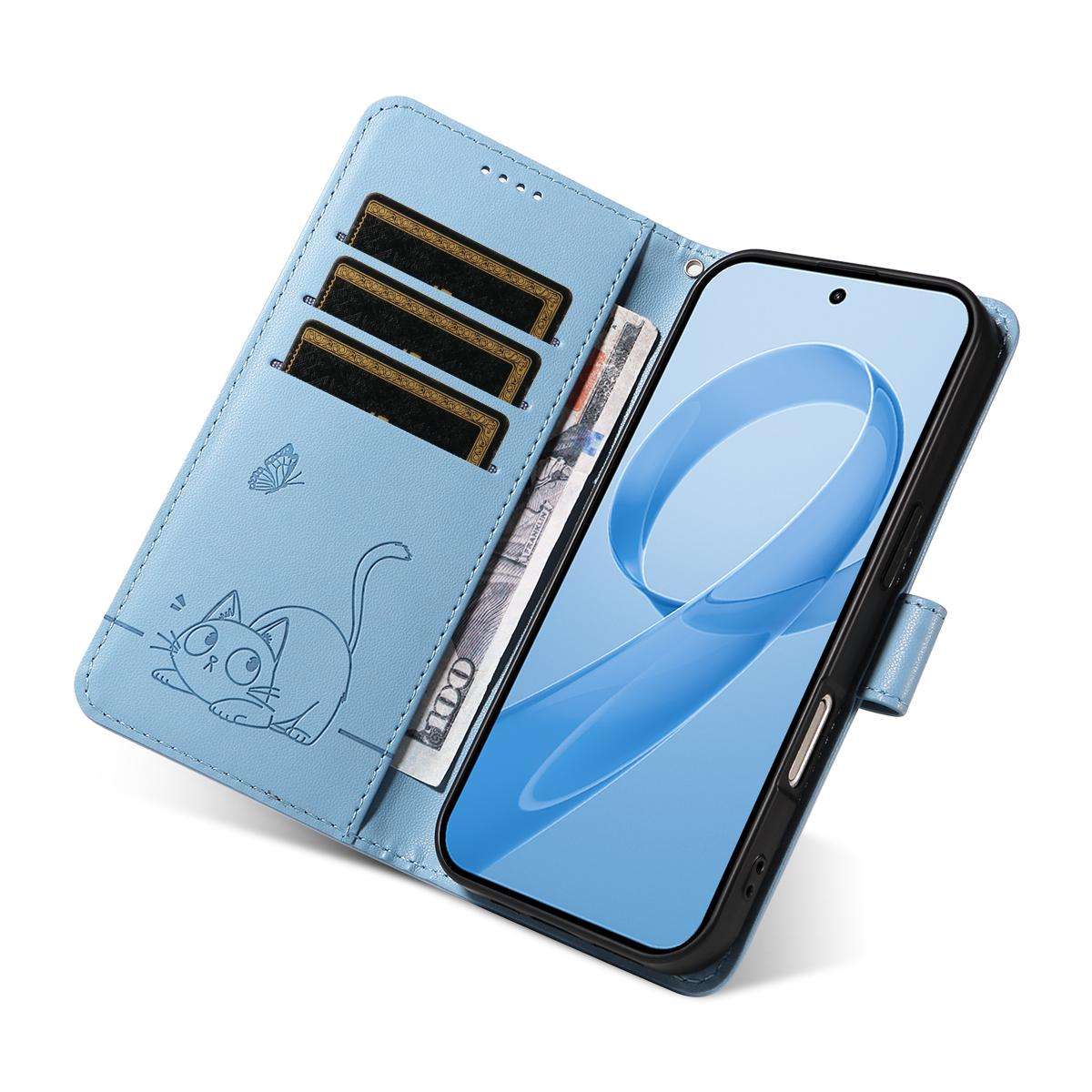 For Redmi K90 Pro Max/Poco F8 Ultra Adorable Cat Embossed Pattern Flip Leather Phon ... (Sky Blue)