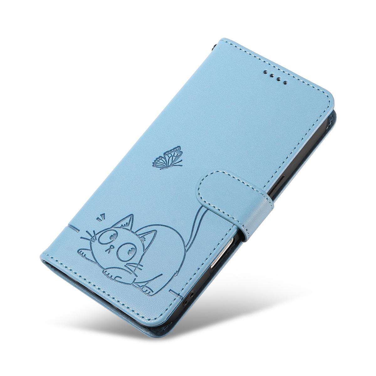 For Redmi K90 Pro Max/Poco F8 Ultra Adorable Cat Embossed Pattern Flip Leather Phon ... (Sky Blue)