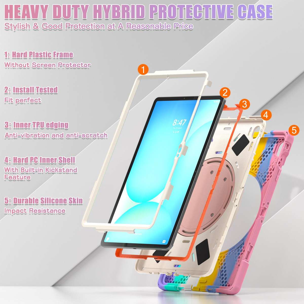 For Samsung Galaxy Tab S10 FE+ Silicone Hybrid PC Tablet Case with Holder & Sh ... (Colorful Pink)