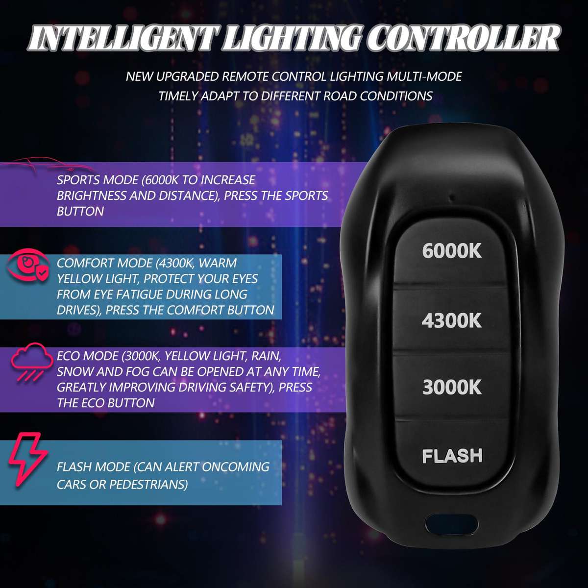 9006 2pcs/Pack 60W 8000LM 6000K Three Color Remote Control Car LED Headlight Bulb
