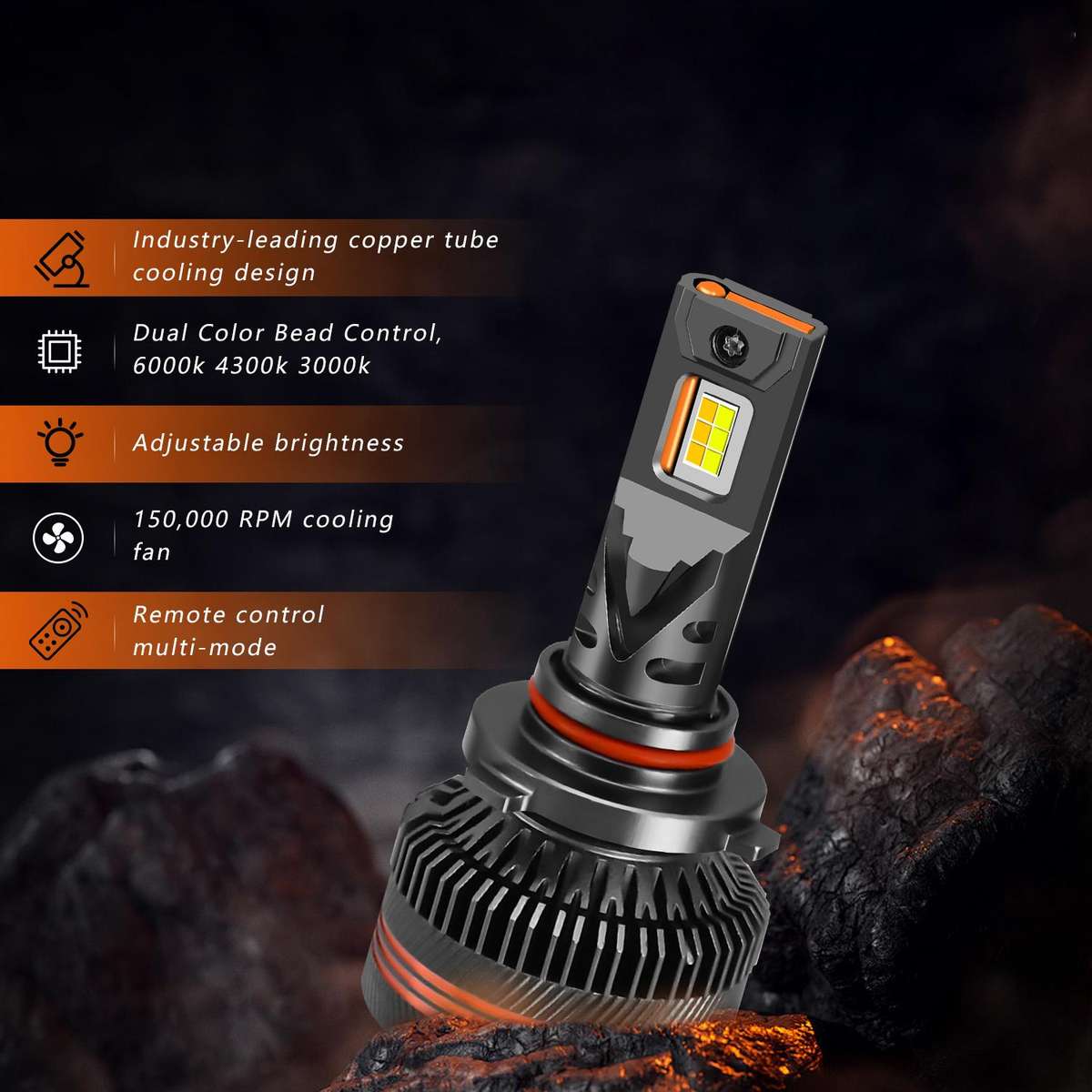 9006 2pcs/Pack 60W 8000LM 6000K Three Color Remote Control Car LED Headlight Bulb
