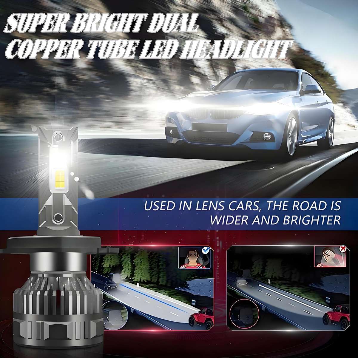H4 2pcs/Pack 50W 6000LM 6000K Car Double Copper Tube LED Headlight Bulb(Gun Color)