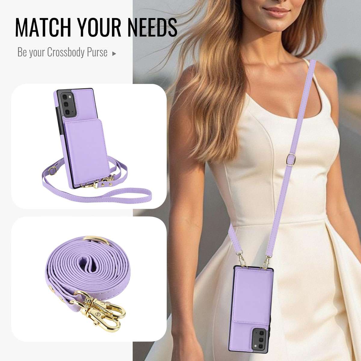 For Samsung Galaxy Note20 Crossbody Dual-buckle Wallet RFID Back Leather Phone Case(Light Purple)