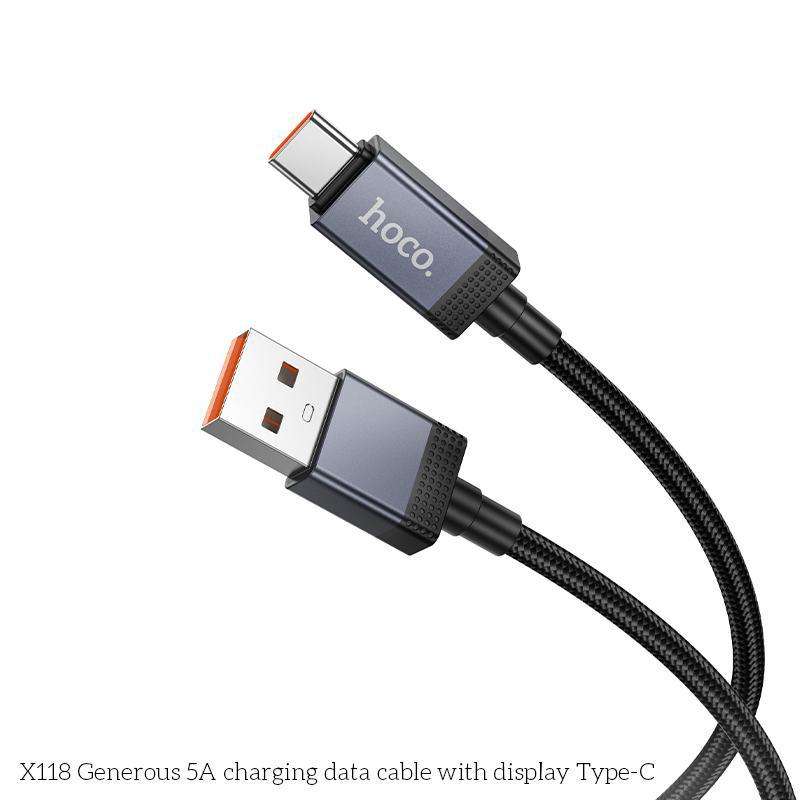 hoco X118 Generous 1m 5A Fast Charging Data Cable with Display, Interface:USB to Type-C(Black)