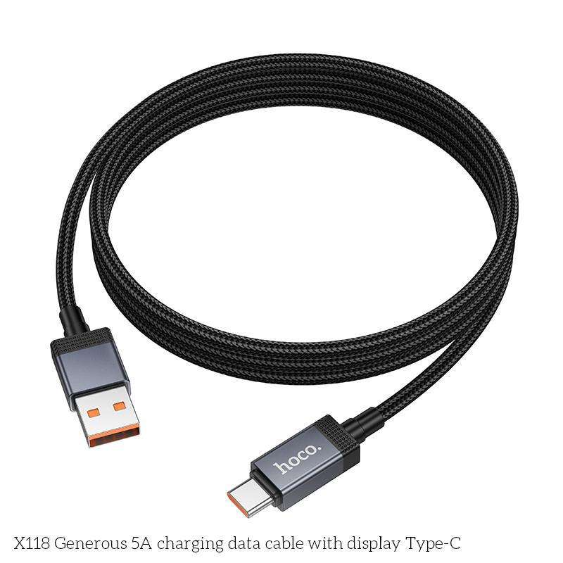 hoco X118 Generous 1m 5A Fast Charging Data Cable with Display, Interface:USB to Type-C(Black)