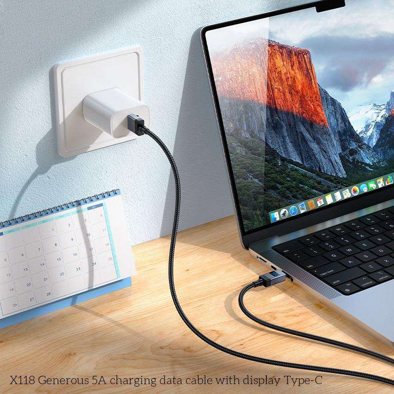 hoco X118 Generous 1m 5A Fast Charging Data Cable with Display, Interface:USB to Type-C(Black)