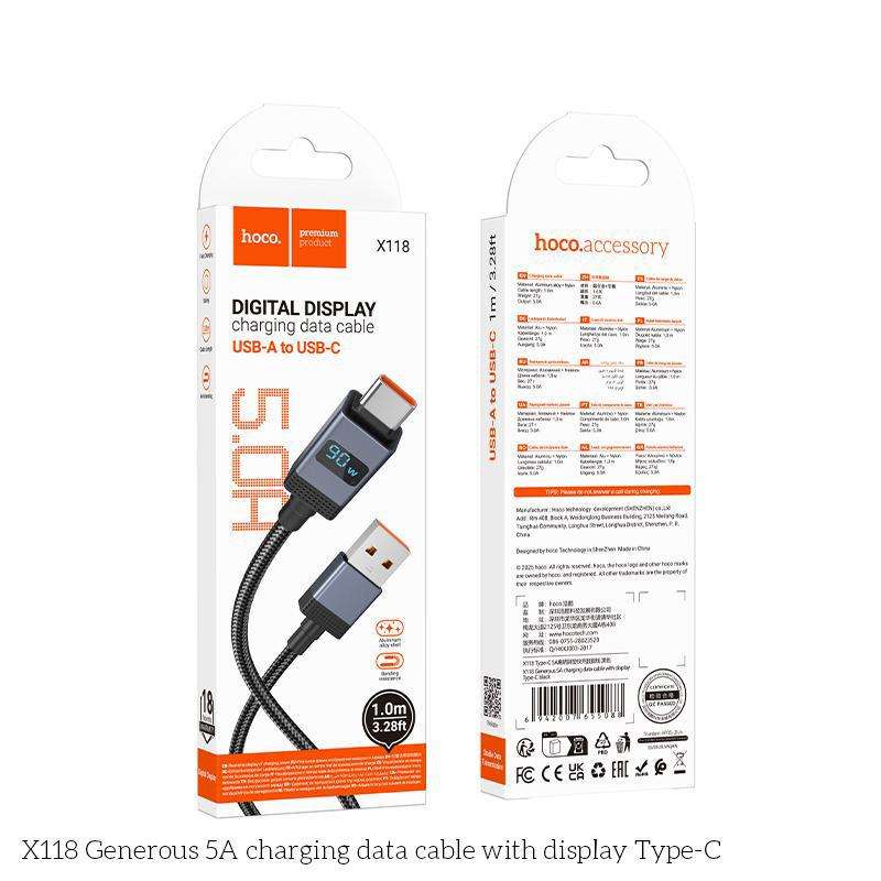 hoco X118 Generous 1m 5A Fast Charging Data Cable with Display, Interface:USB to Type-C(Black)