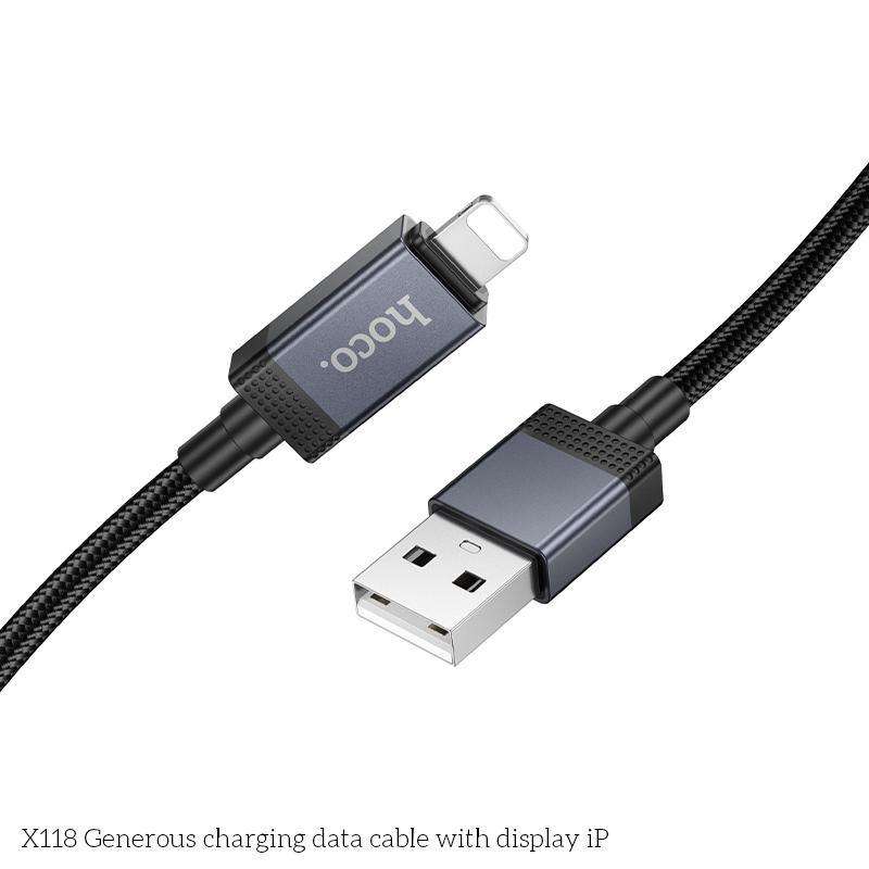 hoco X118 Generous 1m 60W Fast Charging Data Cable with Display, Interface:USB to 8 Pin(Black)