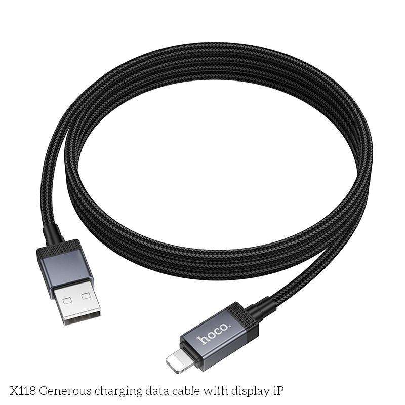 hoco X118 Generous 1m 60W Fast Charging Data Cable with Display, Interface:USB to 8 Pin(Black)
