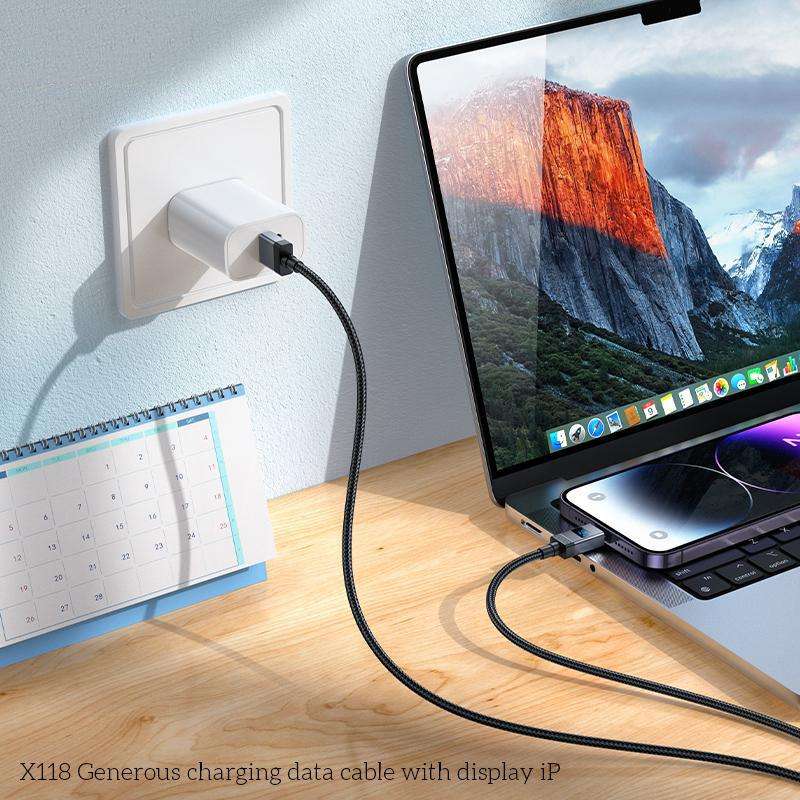 hoco X118 Generous 1m 60W Fast Charging Data Cable with Display, Interface:USB to 8 Pin(Black)