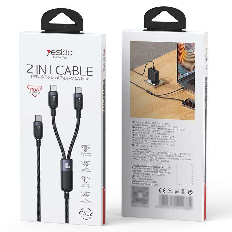 Yesido CA92 100W 5A USB-C / Type-C to Dual Type-C 2 in 1 Charging Cable, Length:1.2m(Black)