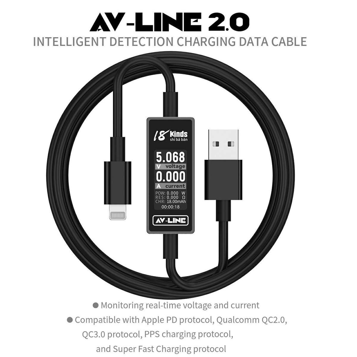 18 Kinds AV-Line 2.0 1.2m Intelligent Detection Charging Data Cable, Interface:USB to Type-C