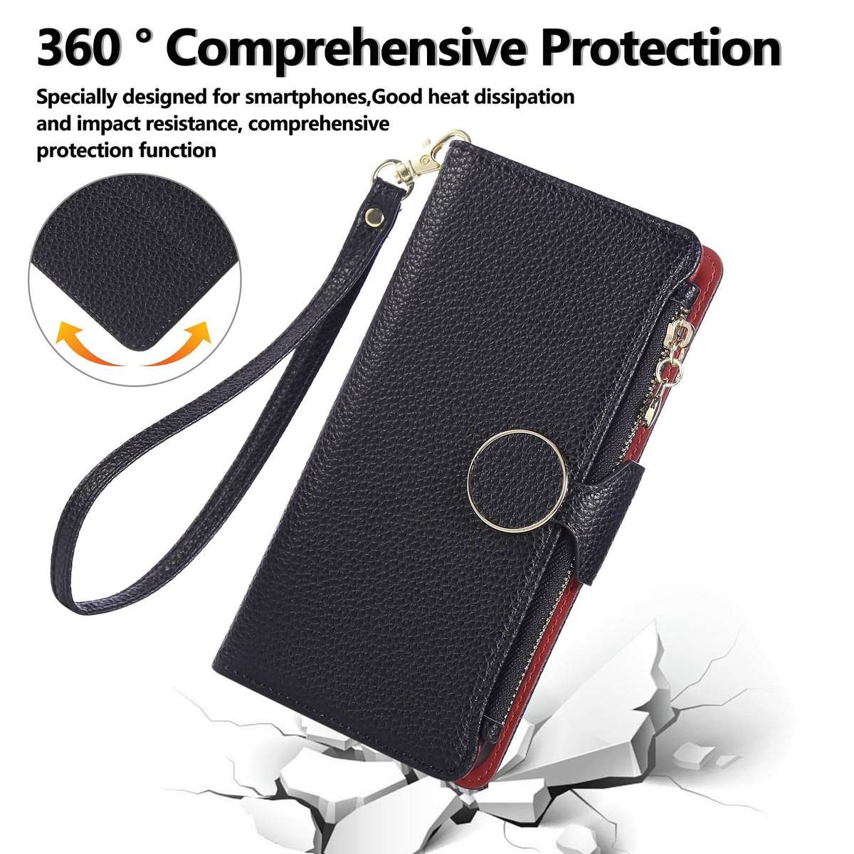 For Samsung Galaxy Note20 Round Buckle Zipper Wallet Leather Phone Case with Crossbody ... (Black)
