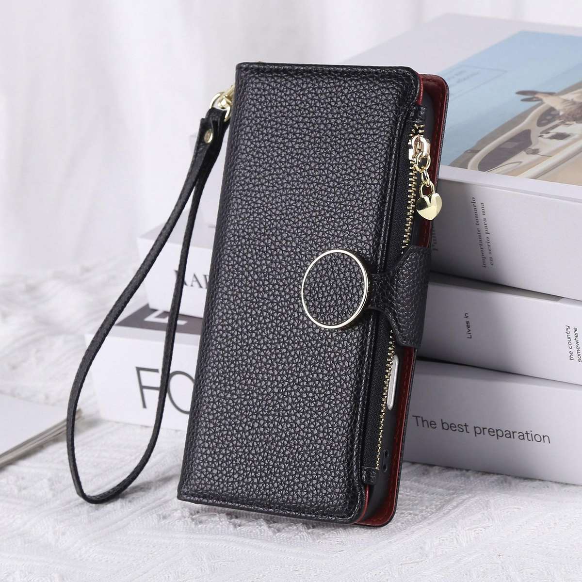 For Samsung Galaxy Note20 Round Buckle Zipper Wallet Leather Phone Case with Crossbody ... (Black)