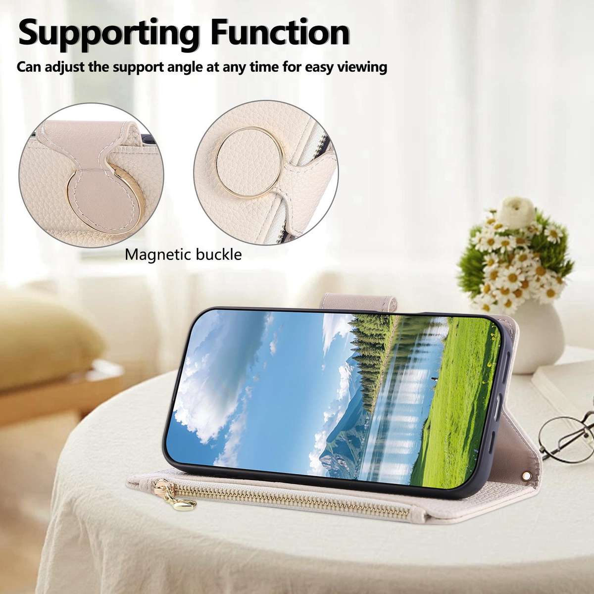 For Samsung Galaxy Note20 Round Buckle Zipper Wallet Leather Phone Case with Crossbody ... (White)