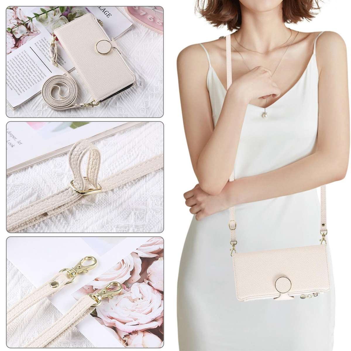 For Samsung Galaxy Note20 Round Buckle Zipper Wallet Leather Phone Case with Crossbody ... (White)