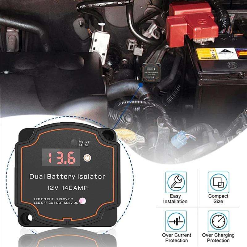 IP68 12V 140A Car Smart Dual Battery Isolation Controller with Digital Display Voltmeter, Type:7m Se