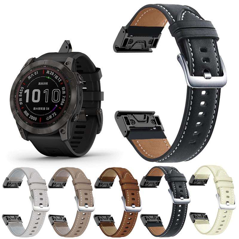 For Garmin Fenix 7 / 7X / 6X 26mm xDfind Silver Buckle Leather Quick Release Wa ... (Creamy White)