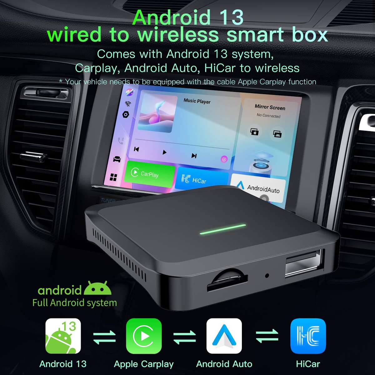 A113 Android 13 Wired CarPlay, Android Auto to Wireless Smart Box(Black)