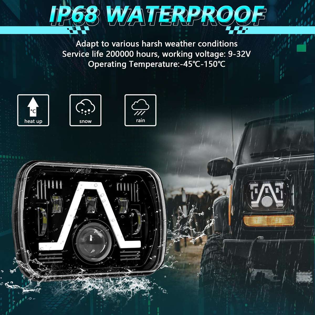 Y24 H4 7 inch Car V-style Square Modified Headlight for Jeep Wrangler(Black)