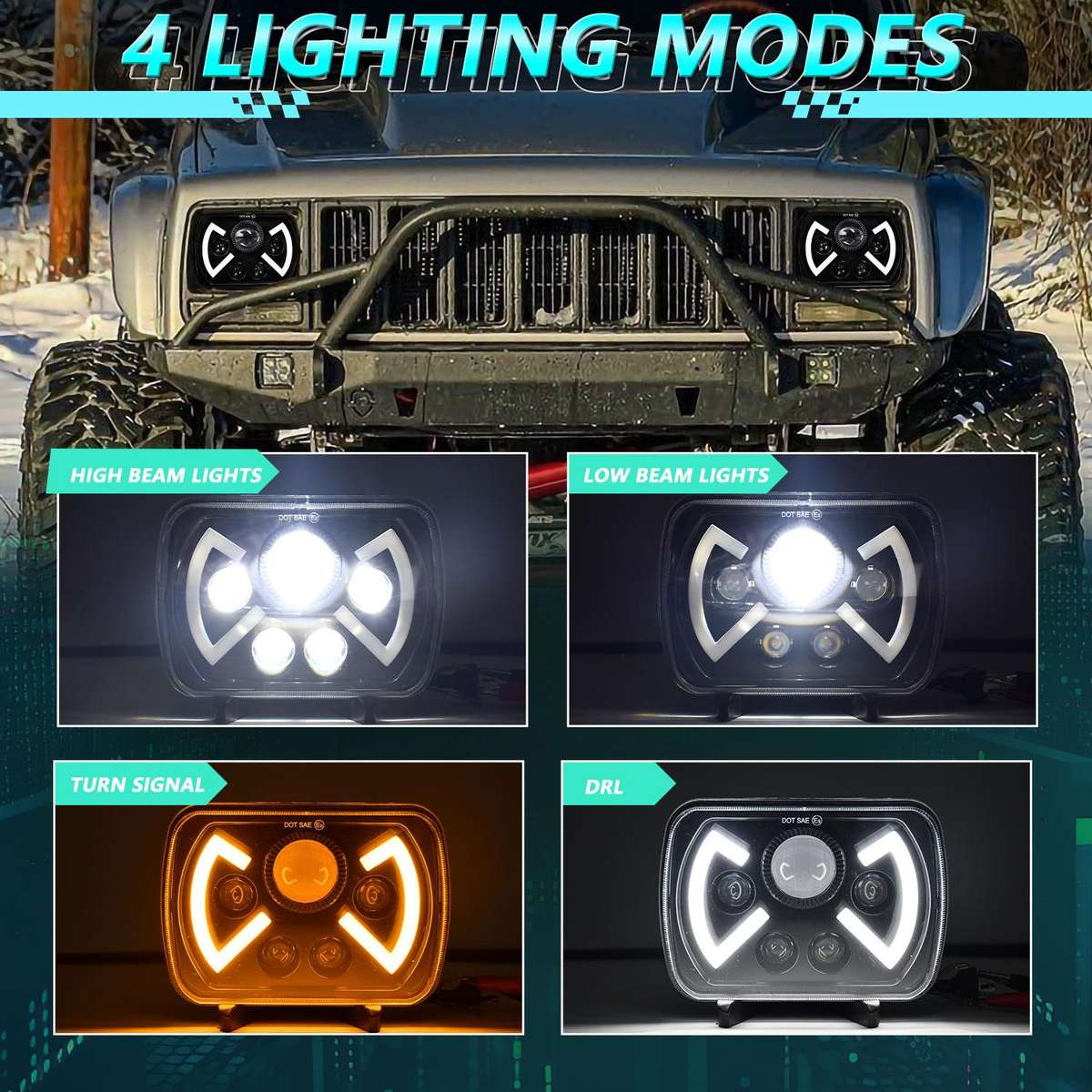 Y22 H4 7 inch Car Butterfly Style Square Modified Headlight for Jeep Wrangler(Black)